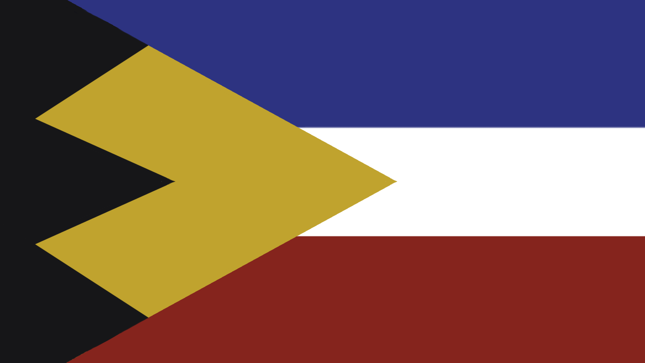 This is New L'manberg's flag. Unlike L'manberg's flag, this flag can be created in Minecraft. It retains the original blue, white, and red stripes; however, it removes the black and yellow semicircle as well as the X's. The semicircle has been transformed into a black and gold triangle. The inward tip pointing towards the rest of the flag is gold while the black forms three peaks like mountains above the golden peak. The way they overlap makes it look like the golden part is a heart placed over a black triangle.